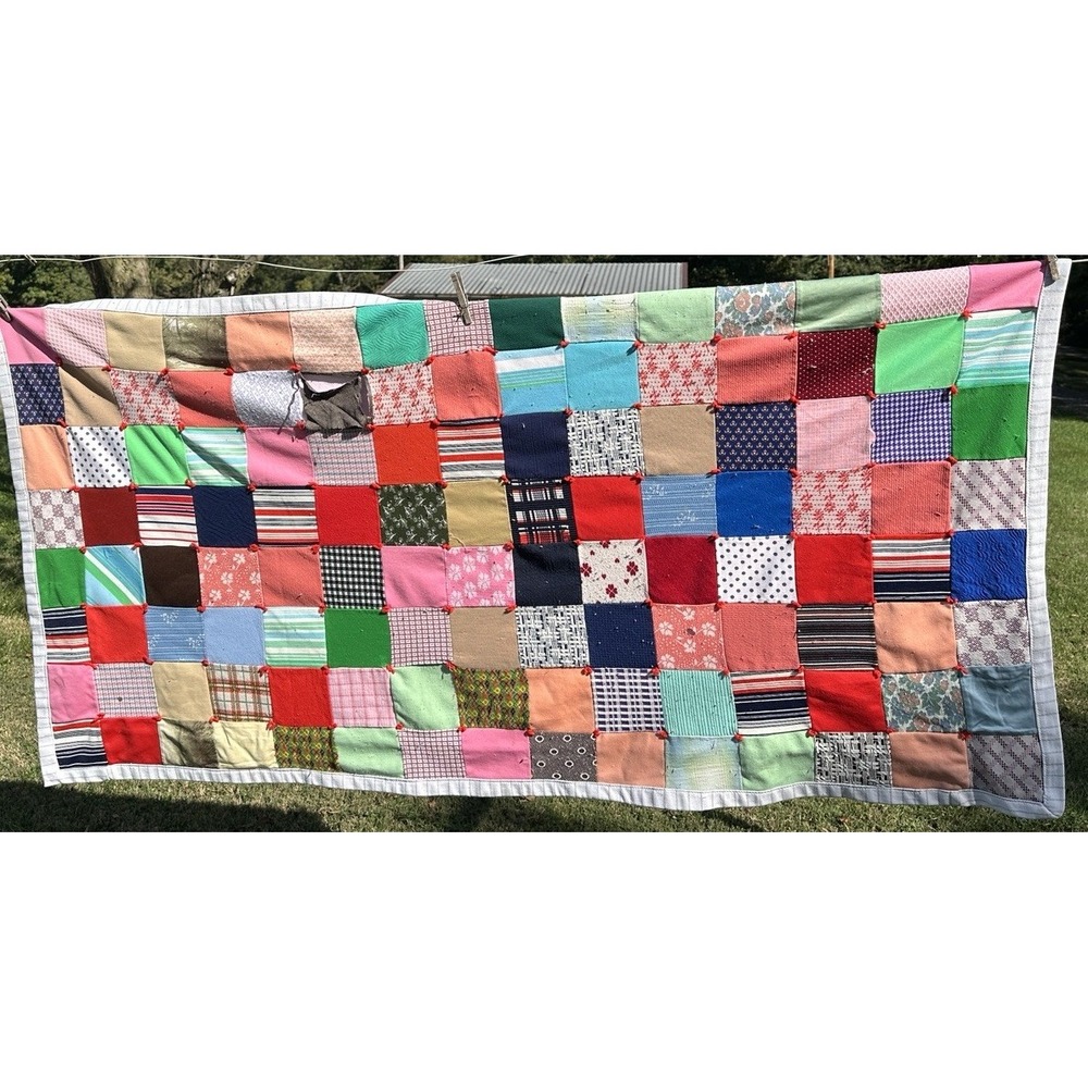 Vtg 70s Hand-Tied Patchwork Quilt Polyester Cotton Blend Lap Blanket 35x65 USA